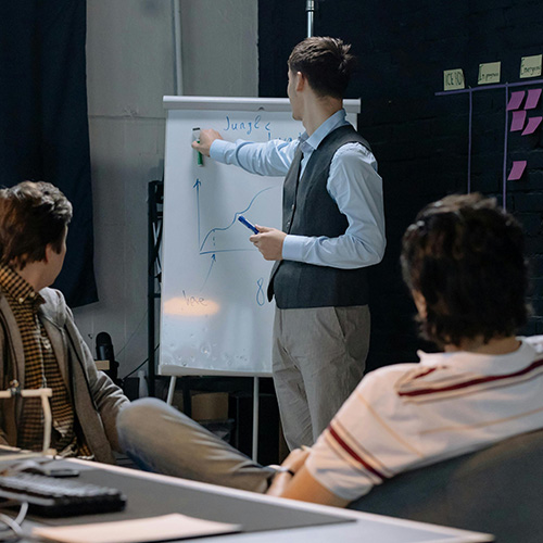 Leader in front of a white board