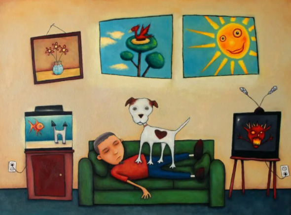 Painting of dog on man's chest on couch