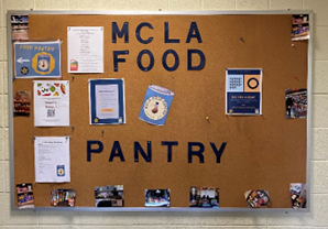 Cork board with the words MCLA FOOD PANTRY