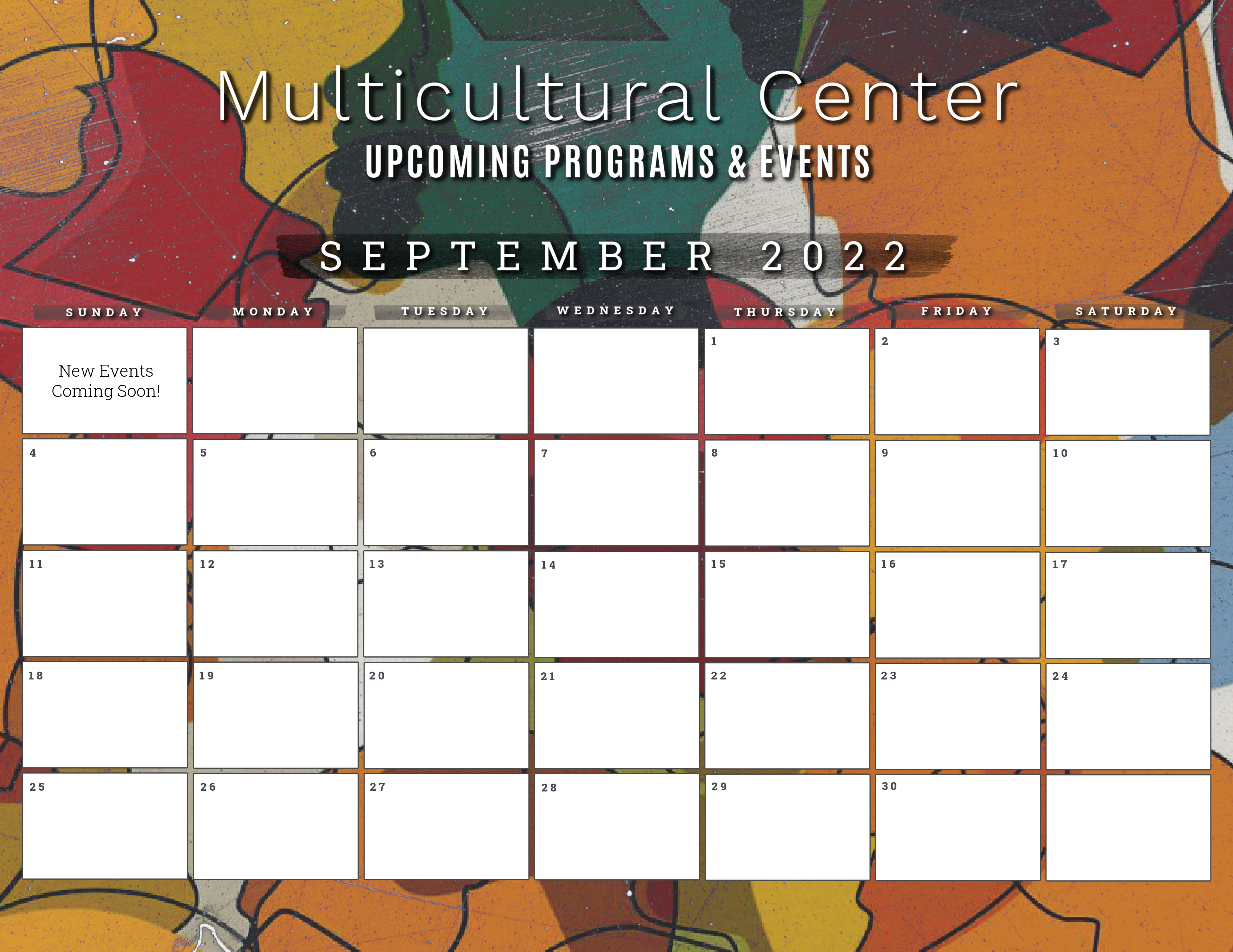 MERC Events Calendar September 2022, reads NEW EVENTS COMING SOON